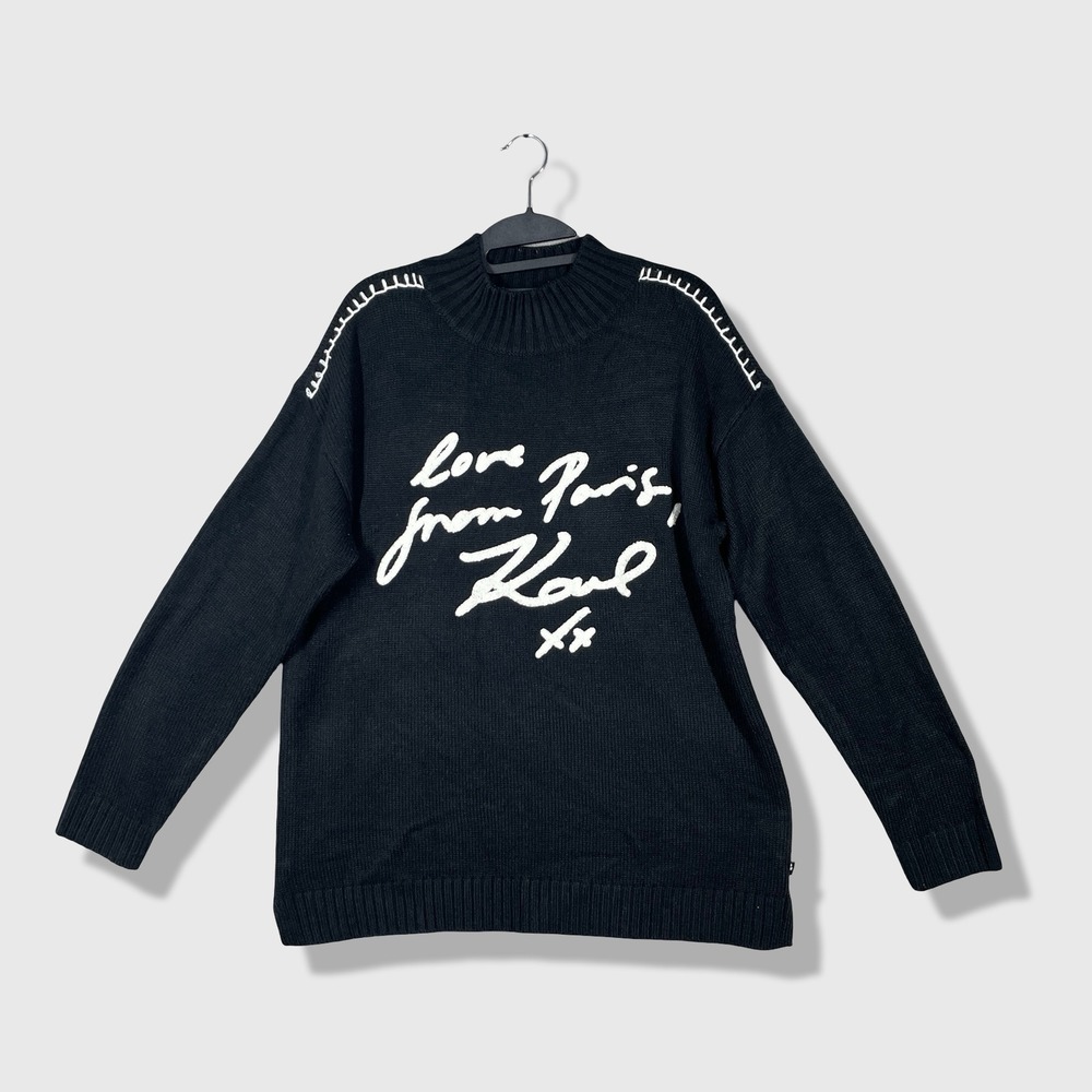 Karl Lagerfeld Sweater Womens M Black Love From Paris Karl Graphic Knit Designer